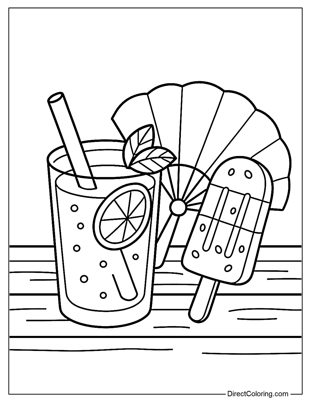 Juice and popsicle combo coloring page, placed next to a summer paper fan.